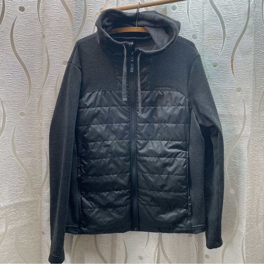 Decathlon Quechua Hybrid Puffer Jacket Mens XL Black Grey Full Zip Hooded Coat